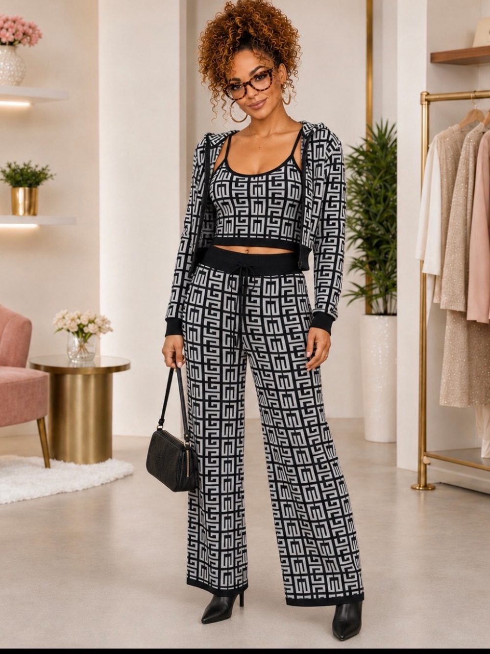3-piece Black & White knit Geometric Wide-Leg Pants - Women's Set
